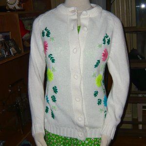 Authentic vintage 1960s  bright flower embroidered  Button Down White Cardigan